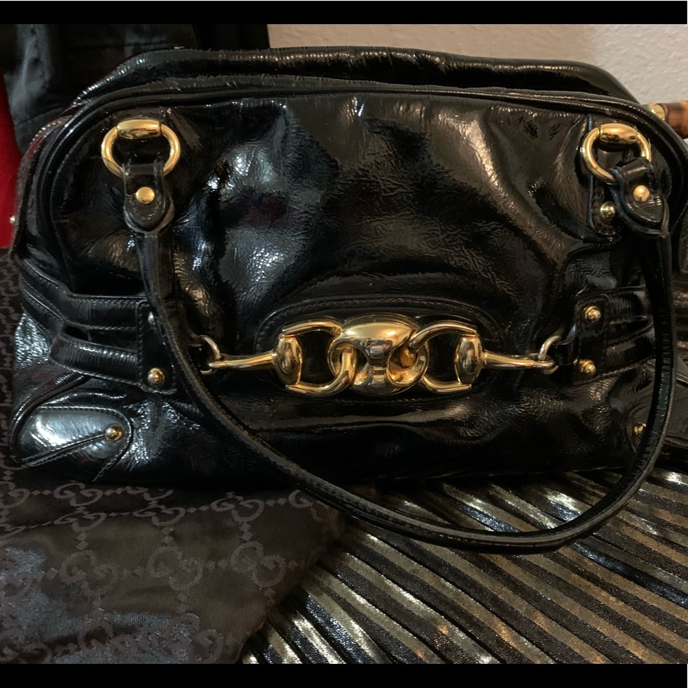 Auth. Gucci Patent Leather Horsebit Handbag